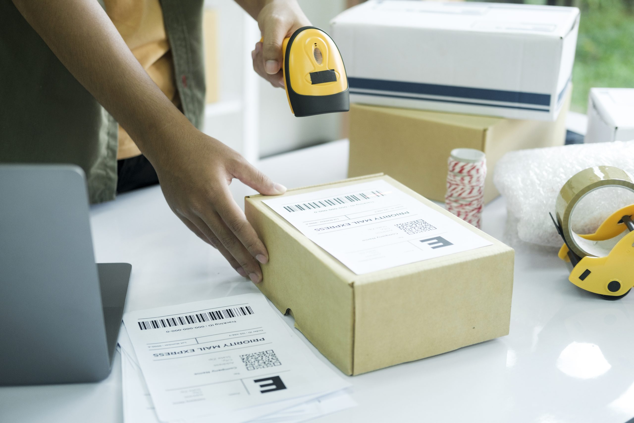 Young entrepreneur scanning online order box